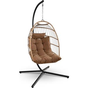 SereneLife Sedia a Dondolo a Uovo con Supporto, Capacità Fino a 250 Kg, Sedia Sospesa Poltrona a Dondolo in Rattan con Struttura in Acciaio Verniciato a Polvere per Casa e Giardino con Cuscino