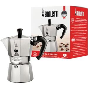 Bialetti Moka Express Caffettiera, Manico Anti Scottatura, Non Adatta A Induzione, Alluminio, Argento, 3 Tazze (130 ml)