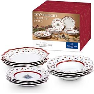 Villeroy & Boch - Toy's Delight Dinner Set 12 Pezzi Rosso,Bianco, Adatto per Microonde, Piatto Ceramica Natale, Piatto Fondo, Decorazione Natalizie, Set di Stoviglie, Servizio, Porcellana Premium