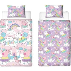 Character World Peppa Pig, set copripiumino per letto singolo, reversibile, double-face, rosa e lilla, con federa coordinata