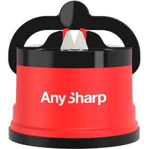 AnySharp Affilacoltelli, Sicurezza Mani Libere, Potente Suzione PowerGrip, Affila Sicuramente Tutti i Coltelli da Cucina, Ideale per Acciaio Temperato e Dentati, Il Migliore del Mondo, Rosso