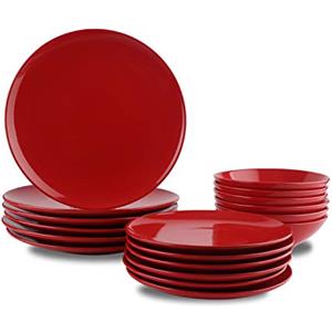 Amazon Basics, servizio di piatti, in grès, da 18 pezzi, Rosso puro, per 6 persone