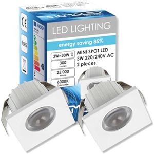 Sigmaled lighting, MINI SPOT LED 3W, Dimmerabile, 300lumen, Luce fredda 6000K, Faretto QUADRO incasso, 220V / 240V AC Driver NON NECESSARIO, 35x35x25mm, 2 Spots (1 scatola da 2 pezzi)