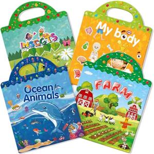 GUYUCOM 4 Pezzi Stickers Book: Libro Adesivi Attacca e Stacca Bambini 2 3 4 5 6 Anni Animali Marini, Parte del Corpo, Insetto, Giocattolo per Bambini, Regalo Educativo Compleanno Riutilizzabile