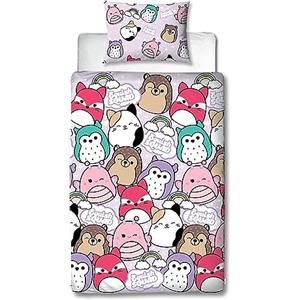 Character World Squishmallows - Set copripiumino singolo in poliestere, design brillante, reversibile, double-face, prodotto ufficiale, con federa coordinata, multicolore