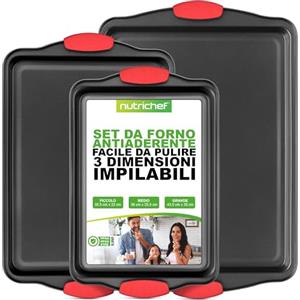 NutriChef Set 3 Teglie da Forno Antiaderente, Acciaio al Carbonio con Rivestimento Grigio, Maniglie in Silicone Rosso, 4.5 Litri, Nero