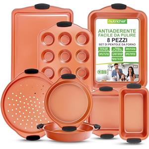 NutriChef Set 8 Teglie da Forno in Acciaio al Carbonio Flessibili e Antiaderenti con Maniglie in Silicone Nero, Rame