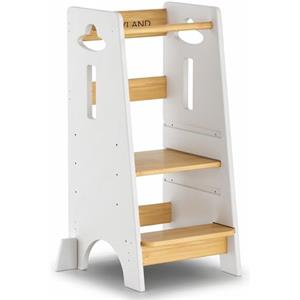 COSYLAND Torre Montessoriana da 1 Anno - Torre montessoriana bambini in Legno Più Spesso - Torretta Montessoriana con Scala Regolabile a 3 Altezze - Scala Montessoriana per Bambini(Bianco&Naturale)