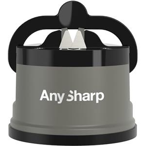 AnySharp Affilacoltelli, Sicurezza Mani Libere, Potente Suzione PowerGrip, Affila Sicuramente Tutti i Coltelli da Cucina, Ideale per Acciaio Temperato e Dentati, Il Migliore del Mondo, Grigio