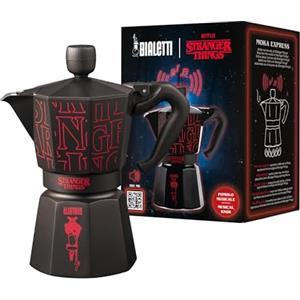 Bialetti Moka Express Stranger Things 6 Tazze, Pomolo Musicale con ricarica USB C, Non adatta ad induzione, 6 Tazze (270ml), Nero