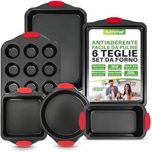 NutriChef Set 6 Teglie da Forno Antiaderente, Acciaio con Maniglie Rosse in Silicone, Adatto Fino a 230°C, Include Teglie Pane, Muffin, Biscotti