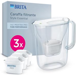 BRITA Caraffa filtrante Style Essential White (2,4L) incl. 3x MAXTRA PRO PURE PERFORMANCE che riduce cloro, calcare, PFAS e metalli - Adatta alla porta del frigorifero, con indicatore LED