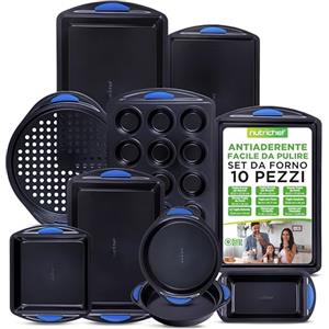 NutriChef Set 10 Pezzi Teglie da Forno in Acciaio al Carbonio con Manici in Silicone, Pirofila da Forno, Teglie Forno, Muffin, Pizza, Facile da Pulire