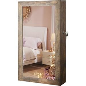 SONGMICS Armadietto Portagioie da Parete, Specchiera Portagioielli con Serratura, Organizzatore per Gioielli con Specchio, Salvaspazio, Regali Natale, Esterno Marrone Vintage, Interno Nero JJC051K01