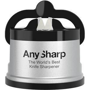 AnySharp Affilacoltelli, Sicurezza Mani Libere, Potente Suzione PowerGrip, Affila Sicuramente Tutti i Coltelli da Cucina, Ideale per Acciaio Temperato e Dentati, Il Migliore del Mondo, Argento
