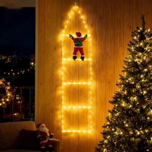 LEDYA Luci di Natale a Scala con Babbo Natale, 1,25 m / 4,1 ft Luci Scala con Babbo Natale che sale, 98 LED Bianco Caldo con Timer, 8 Modalità per Decorazioni Natalizie Interno/Esterno