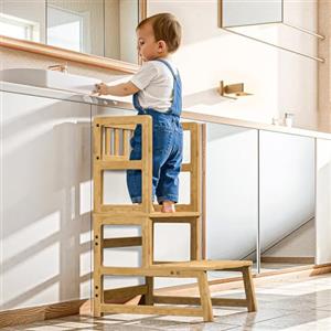 COSYLAND Torre Montessoriana per Bambini 2 in 1 - Torretta Montessoriana con protezione rimovibile, si trasforma in scaletta, capacità 136 kg per cucina/bagno/soggiorno/cameretta(Naturale)