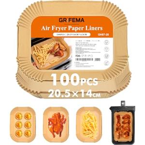 GRIFEMA Carta Forno per Friggitrice ad Aria 100 Pezzi, 20,5x14cm, Impermeabile, Resistente all'olio, BPA Free Carta per Friggitrice ad aria per Doppio Zona AirfryerAir Fryer