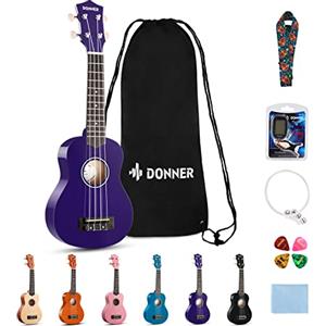 Donner Ukulele Soprano per Principiante Adulto Ukulele Kit da 21 Pollici con Custodia Tracolla Corde Accordatore Plettri Colore Viola