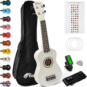 TIGER UKEKIT-WH Pacchetto Ukulele per principianti, Ukulele soprano, accordatore, tracolla, adesivi, corde di ricambio e plettro in feltro - Bianco
