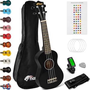TIGER UKEKIT-BK Pacchetto Ukulele per principianti, Ukulele soprano, accordatore, tracolla, adesivi, corde di ricambio e plettro in feltro - Nero