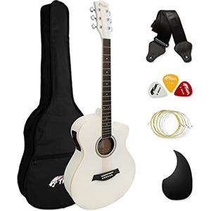 TIGER ACG4-WH Chitarra elettroacustica 4/4 misura intera per principianti con equalizzatore a 3 bande integrato - La confezione include custodia, tracolla e corde di ricambio - Bianco