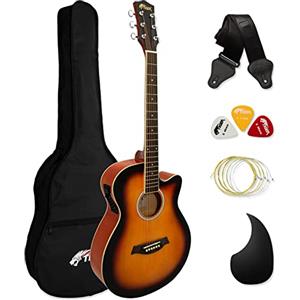 TIGER ACG4-SB Chitarra elettroacustica 4/4 misura intera per principianti con equalizzatore a 3 bande integrato - La confezione include custodia, tracolla e corde di ricambio - Sunburst
