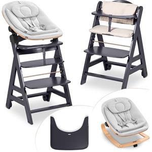 hauck Seggiolone Beta+ Newborn Set Eco Bouncer - Sediolone Pappa Bimbi in Legno Da 0 Mesi con Sdraietta Neonati Dondolo, Cuscino e Vassoio - (Grigio scuro)
