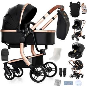 Reenborn Pelle PU Passeggino Trio, Passeggino 3 in 1 con Due Modi Reversibili Spingere, Trio Neonati con Design Pieghevole in Un Clic, Telaio Alluminio Paesaggistico Alto (L518 Black)