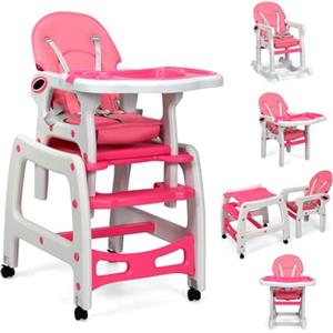 COSTWAY 3 in 1 Seggiolone Pappa Bambini, Seggiolone Neonati con Vassoio Rimovibile, Sedia e Tavolo Convertibile Ragazzi, Schienale Regolabile, Cintura di Sicurezza, per Bambini 6-36 Mesi (Rosa)