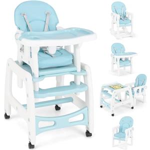 COSTWAY 3 in 1 Seggiolone Pappa Bambini, Seggiolone Neonati con Vassoio Rimovibile, Sedia e Tavolo Convertibile Ragazzi, Schienale Regolabile, Cintura di Sicurezza, per Bambini 6-36 Mesi (Blu)