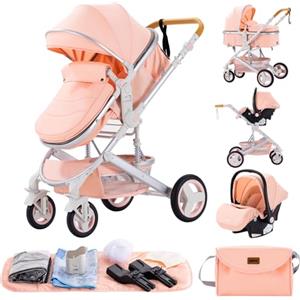 GLOKID Passeggino 3 in 1，Passeggino Canne，Trio，Con Seggiolino Accessori，Adattatori universali，Passeggino per bambini fino a 25 kg，4 ruote con ammortizzatori，navicella，grandi ruote (530 rosa)