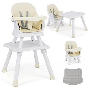 RELAX4LIFE 6 in 1 Seggiolone Pappa, Seggiolone Multfunzionale e Evolutivo con Imbracatura a 5 Punti, Vassoio Rimovibile e Regolabile, Tavolino e Sedia, per Neonati 6+Mesi, 25KG (Beige)
