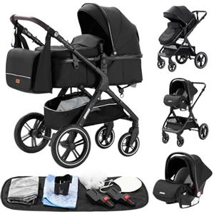 GLOKID Passeggino 3 in 1，Passeggino Canne，Trio，Con Seggiolino Accessori，Adattatori universali，Passeggino per bambini fino a 25 kg，4 ruote con ammortizzatori，navicella，grandi ruote (x1 nero)