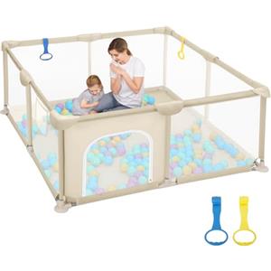 Dripex Box Bambini 124x124 cm, Recinto per Bambini, Box Neonato, Recinto Neonato con Rete Traspirante, Tessuto 210D Oxford, 2 Pezzi Anelli, Marrone