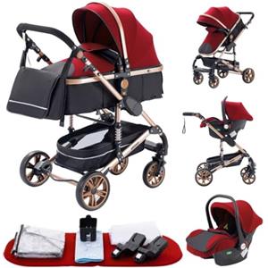 GLOKID Passeggino 3 in 1，Passeggino Canne，Trio，Con Seggiolino Accessori，Adattatori universali，Passeggino per bambini fino a 25 kg，4 ruote con ammortizzatori，navicella，grandi ruote (739 rosso)