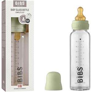 BIBS Baby Glass Bottle 225 ml, riduce le coliche, tettarella rotonda in lattice di gomma naturale, supporta l'allattamento al seno. Set completo - 225 ml, Sage
