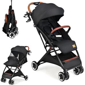 RELAX4LIFE Passeggino Pieghevole Leggero per Bambini, con Parapioggia Reclinabile, Portabevande, Cinture a 5 Punti, Schienale Regolabile, Cestino Portaoggetti, Cesta Inferiore, per 0-3 Anni (NERO)