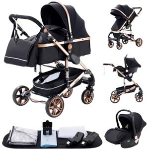 GLOKID Passeggino 3 in 1，Passeggino Canne，Trio，Con Seggiolino Accessori，Adattatori universali，Passeggino per bambini fino a 25 kg，4 ruote con ammortizzatori，navicella，grandi ruote (739 nero oro)