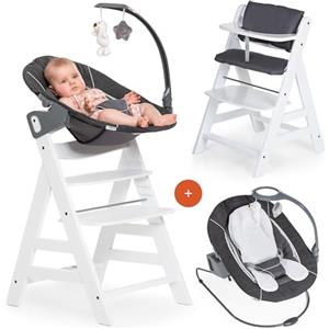 hauck Alpha Plus Newborn Set Deluxe - Seggiolone In Legno Evolutivo dalla Nascita - Sedia Bambini con Sdraietta Dondolo Neonati Reclinabile e Cuscino - Bianco