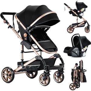 Reenborn Passeggino Trio, Passeggino 3 in 1 con Due Modi Reversibili Spingere, Trio con Telaio Alluminio Paesaggistico Alto, Trio Passeggino Neonati con Design Pieghevole in Un Clic (739 Black Gold)