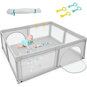 LIFEZEAL Box Recinto per bambino in Tessuto e Rete Traspirante, Giochi con 4 Anelli e 50 Palline Colorate, (grigio 206 x 185,5 x 68 cm)