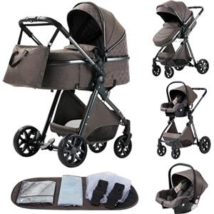 YAZOCO Passeggino Trio, 3 in 1 Carrozzina Multifunzionale Carrozzina Ovetto Pieghevole Set Passeggino Neonato Sedili Parapiedi Zanzariere