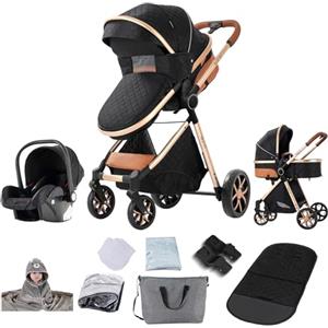 Reenborn Passeggino Trio, Passeggino 3 in 1 con Due Modi Reversibili Spingere, Trio Neonati con Telaio Alluminio Paesaggistico Alto, Design Pieghevole in Un Clic (V9 Black)
