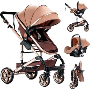 Reenborn Passeggino Trio, Passeggino 3 in 1 con Due Modi Reversibili Spingere, Trio Neonati con Design Pieghevole in Un Clic, Telaio Alluminio Paesaggistico Alto (739 Beige)