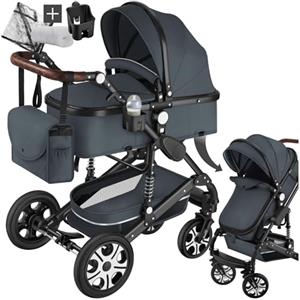 tectake® Passeggino Combinato Pieghevole, 2 in 1, Passeggino Leggero con Cintura a 5 Punti Regolabile, Tettuccio Parasole, Freno a Pedale, Passeggino per Bambini da 0 a 3 Anni - Antracite