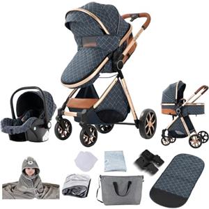 Reenborn Passeggino Trio, Passeggino 3 in 1 con Due Modi Reversibili Spingere, Trio con Telaio Alluminio Paesaggistico Alto, Tris Passeggini Neonati con Design Pieghevole in Un Clic (V9 Blue)