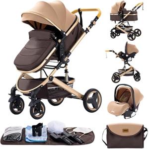 GLOKID Passeggino 3 in 1，Passeggino Canne，Trio，Con Seggiolino Accessori，Adattatori universali，Passeggino per bambini fino a 25 kg，4 ruote con ammortizzatori，navicella，grandi ruote (530 cachi)
