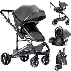 Reenborn Passeggino Trio, Passeggino 3 in 1 con Due Modi Reversibili Spingere, Trio con Telaio Alluminio Paesaggistico Alto, Trio Passeggino Neonati con Design Pieghevole in Un Clic (739 Grey)