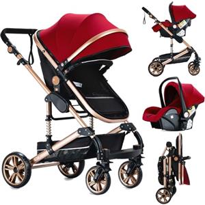 Reenborn Passeggino Trio, Passeggino 3 in 1 con Due Modi Reversibili Spingere, Trio Neonati con Design Pieghevole in Un Clic, Telaio Alluminio Paesaggistico Alto (739 Red)